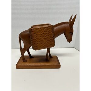 Beautiful Vintage Wood Carving Cigarette Donkey 2 Baskets Mexico 1957